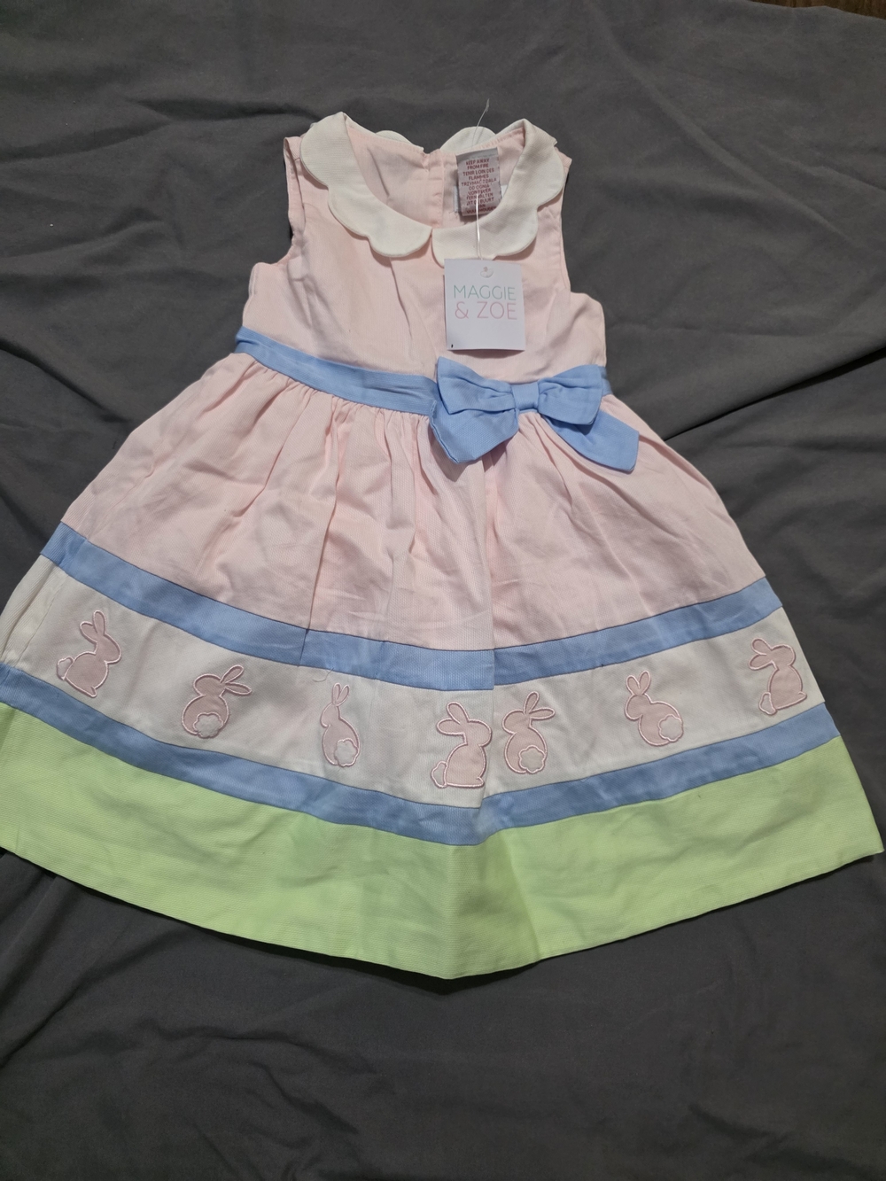 Maggie & Zoe Pastel Pink Dress with Blue Bow and Green Hem